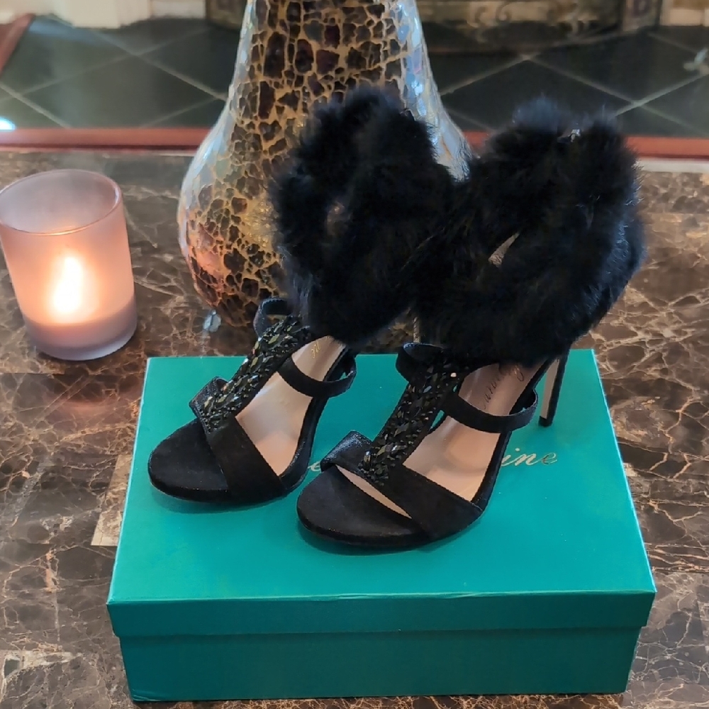 Lauren Lorraine Black Fur-Embellished Heels